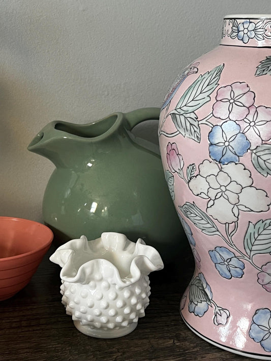 Large Vintage Pastel Pink with Birds and Flowers Chinoiserie Vase/Ginger Jar without Lid