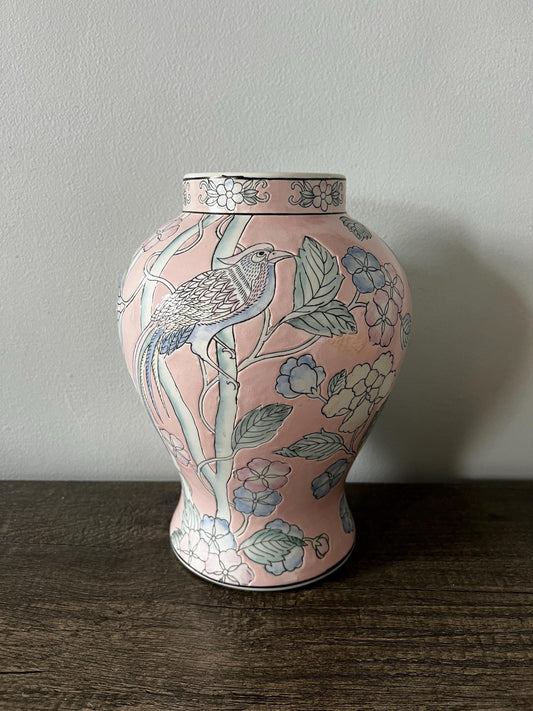 Large Vintage Pastel Pink with Birds and Flowers Chinoiserie Vase/Ginger Jar without Lid