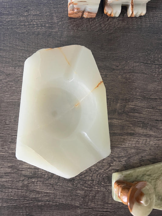 Large Marbled Onyx Ashtray: Vintage Light Green & Brown Home Decor